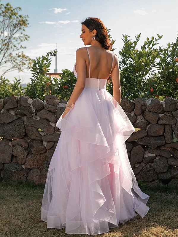 A-Line Princess Tulle Ruffles V-neck Sleeveless Floor-Length Prom Dresses