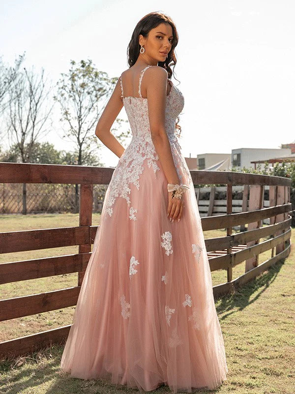 A-Line Princess Tulle Applique V-neck Sleeveless Floor-Length Prom Dresses