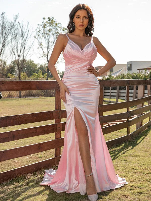 Silk like Satin Ruched V-neck Sleeveless Long Pink Prom Dresses