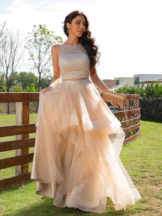 A-Line Princess Tulle Beading Scoop Sleeveless Floor-Length Two Piece Dresses