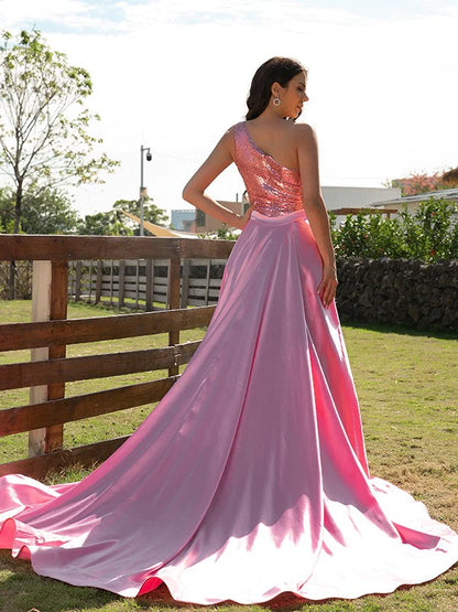 A-Line Princess Elastic Woven Satin Sequin One-Shoulder Sleeveless Prom Dresses