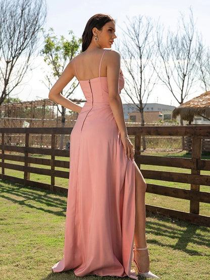 A-Line Princess Elastic Woven Satin Ruched Spaghetti Straps Sleeveless Floor-Length Bridesmaid Dresses