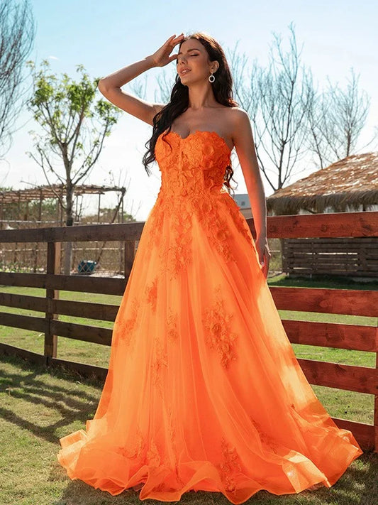 A-Line Princess Tulle Applique Sweetheart Sleeveless Floor-Length Dresses