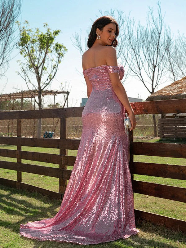 Sequins Ruffles Off-the-Shoulder Sleeveless Prom Dresses