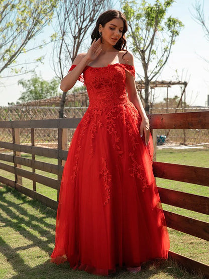 A-Line Princess Tulle Applique Off-the-Shoulder Sleeveless Floor-Length Prom Dresses