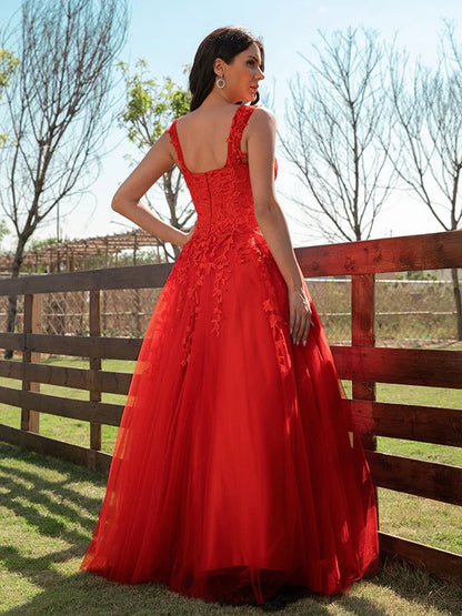 A-Line Princess Tulle Applique Off-the-Shoulder Sleeveless Floor-Length Prom Dresses