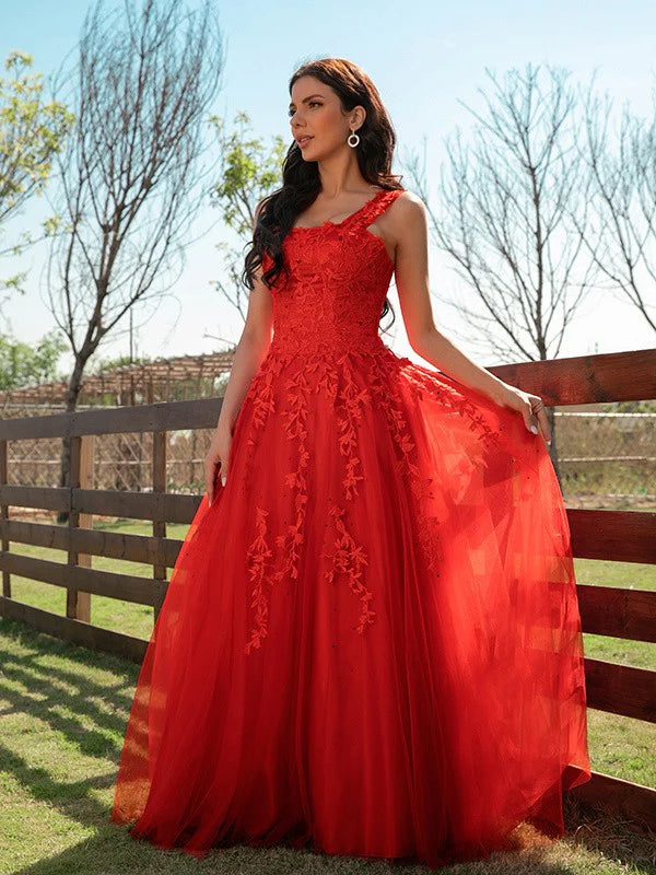 A-Line Princess Tulle Applique Off-the-Shoulder Sleeveless Floor-Length Prom Dresses