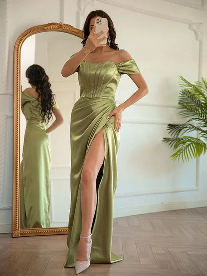 Elastic Woven Satin Ruched Off-the-Shoulder Sleeveless Floor-Length Prom Dresses