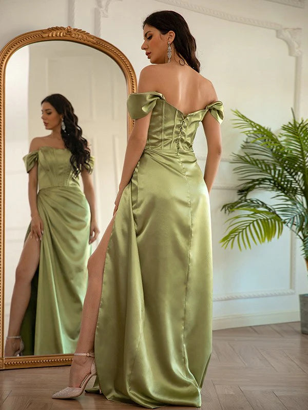 Elastic Woven Satin Ruched Off-the-Shoulder Sleeveless Floor-Length Prom Dresses