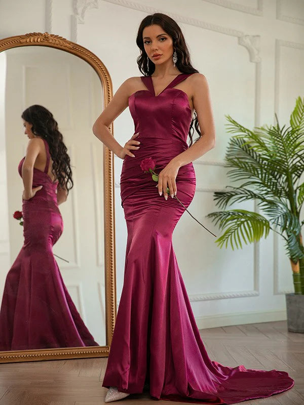 Silk like Satin Ruched Halter Sleeveless Prom Dresses long