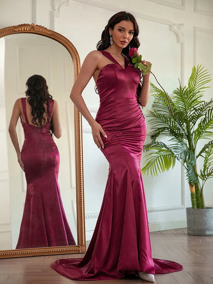 Silk like Satin Ruched Halter Sleeveless Prom Dresses long