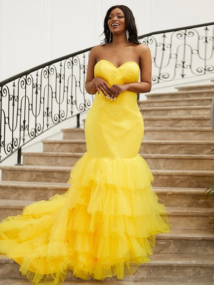 Trumpet/mermaid Satin Layers Sweetheart Sleeveless Yellow Prom Dresses