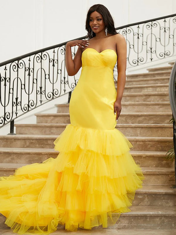 Trumpet/mermaid Satin Layers Sweetheart Sleeveless Yellow Prom Dresses