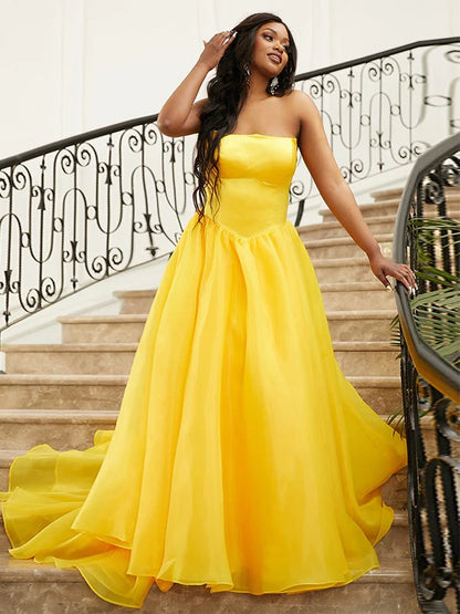 A-Line Princess Satin Ruffles Strapless Sleeveless Prom Dresses