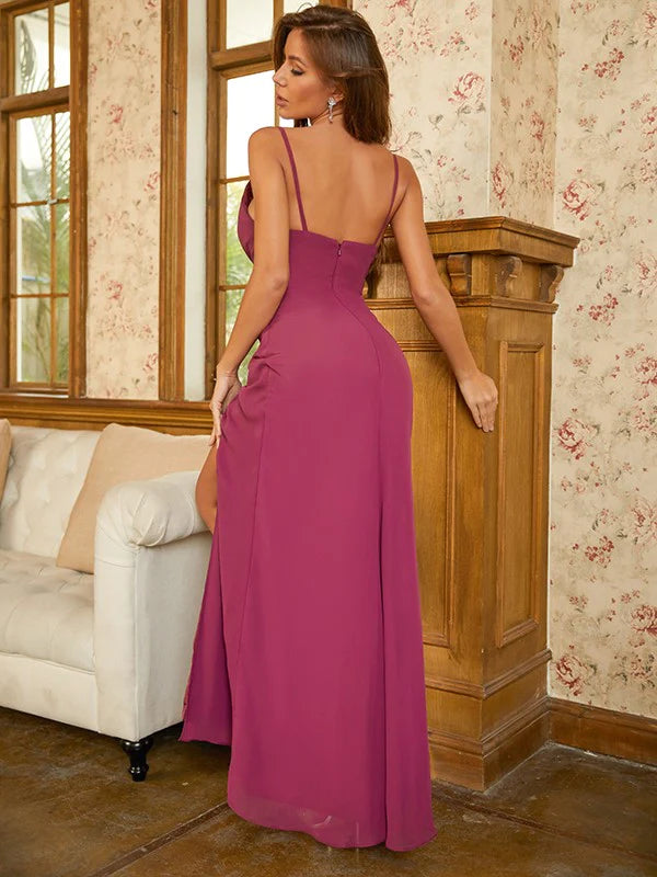 A-Line Princess Chiffon Ruched V-neck Sleeveless Floor-Length Dresses