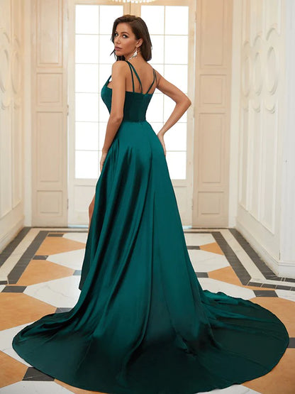 A-Line Princess Elastic Woven Satin Ruffles V-neck Sleeveless Court Train Prom Dresses