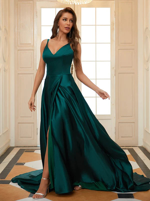 A-Line Princess Elastic Woven Satin Ruffles V-neck Sleeveless Court Train Prom Dresses