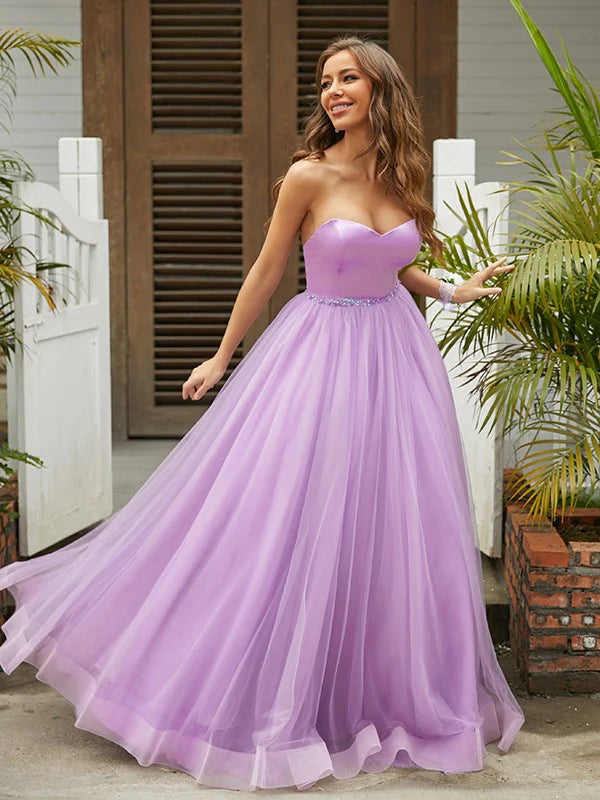 A-Line Princess Tulle Ruffles Sweetheart Sleeveless Floor-Length Dresses