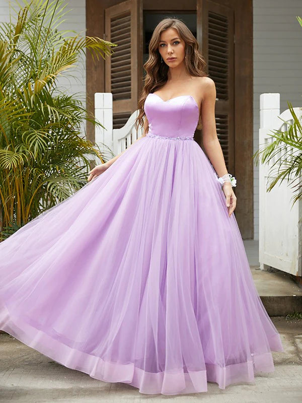 A-Line Princess Tulle Ruffles Sweetheart Sleeveless Floor-Length Dresses