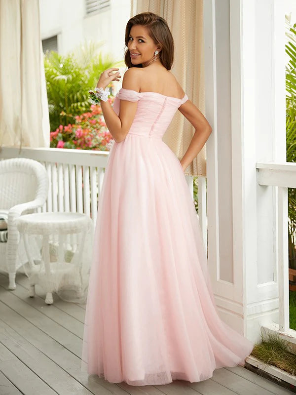 A-Line Princess Tulle Ruched Off-the-Shoulder Sleeveless Floor-Length Prom Dresses