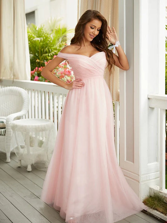 A-Line Princess Tulle Ruched Off-the-Shoulder Sleeveless Floor-Length Prom Dresses