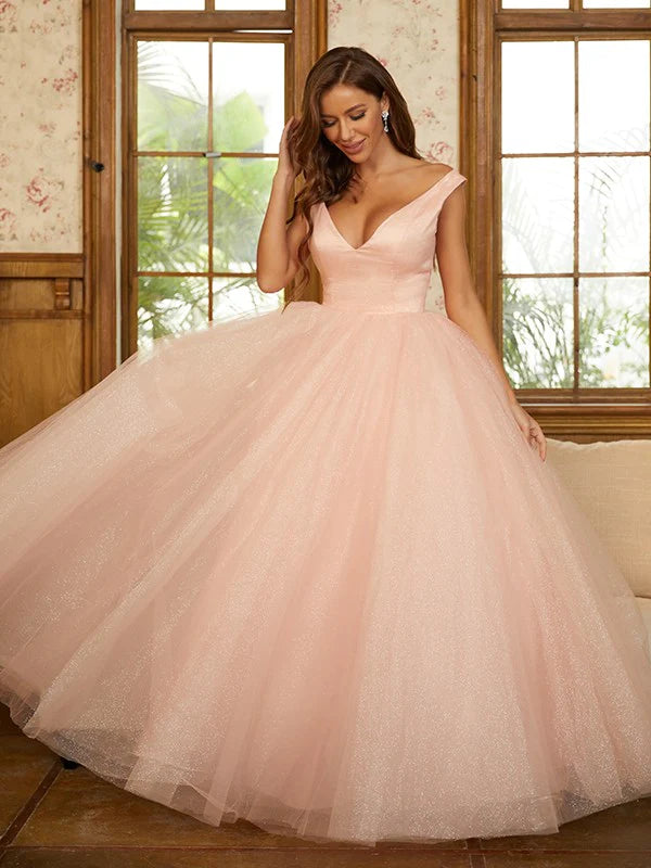 Ball Gown Tulle Ruffles V-neck Sleeveless Floor-Length Prom Dresses