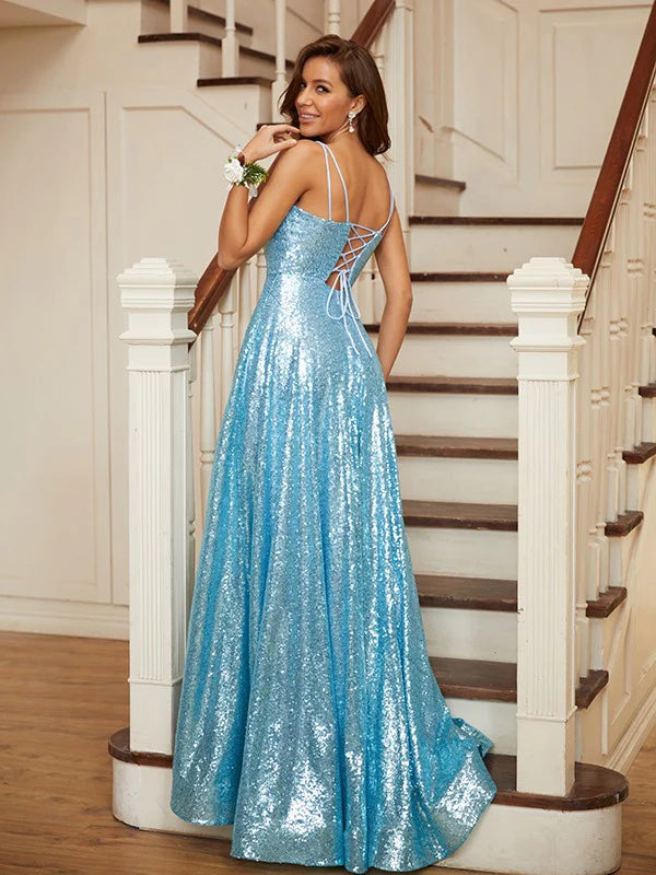 A-Lin Princess Sequins Ruffles Spaghetti Straps Sleeveless Prom Dresses