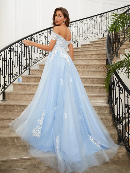 A-Line Princess Tulle Applique Off-the-Shoulder Sleeveless Prom Dresses