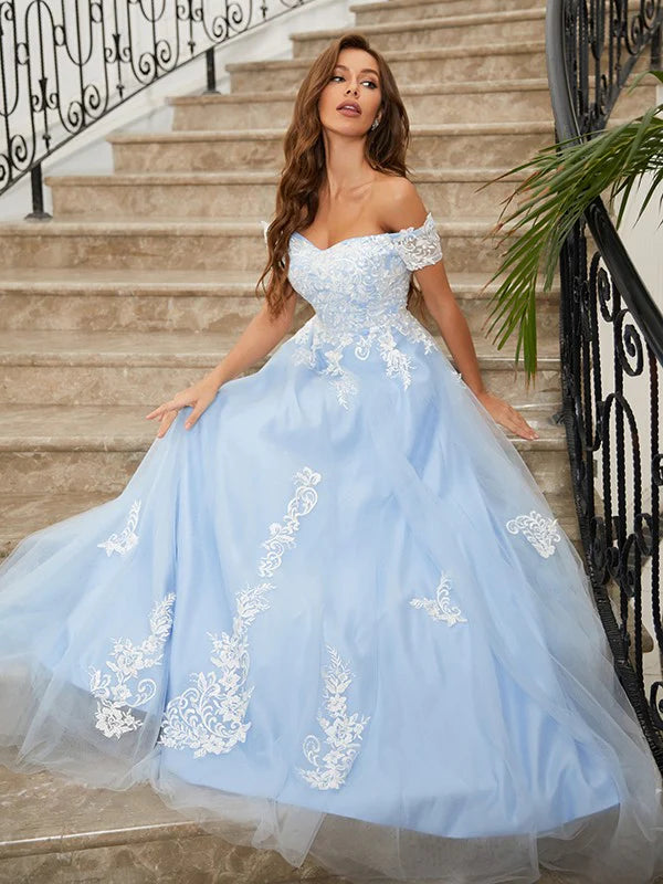 A-Line Princess Tulle Applique Off-the-Shoulder Sleeveless Prom Dresses