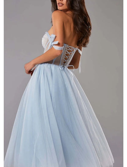 Two Piece A-Line Prom Dresses Elegant Dress Wedding Guest Tea Length Half Sleeve Sweetheart Tulle with Pleats Pure Color