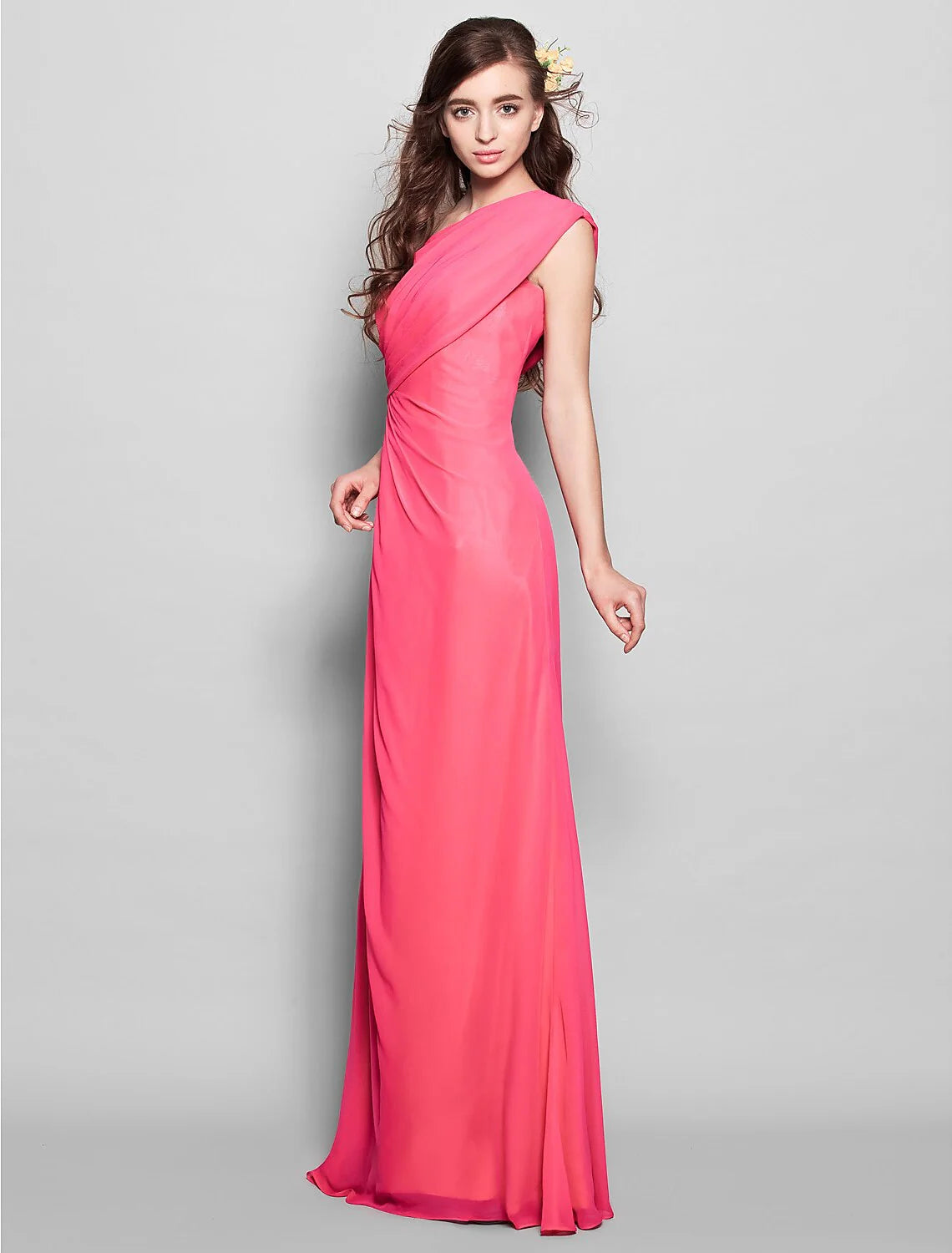 Sheath / Column Bridesmaid Dress One Shoulder Sleeveless Elegant Floor Length Chiffon with Side Draping