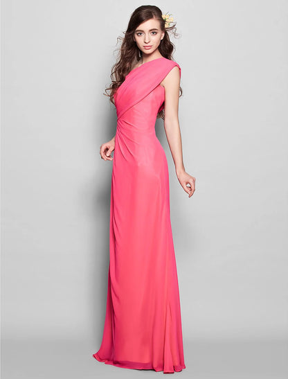 Sheath / Column Bridesmaid Dress One Shoulder Sleeveless Elegant Floor Length Chiffon with Side Draping