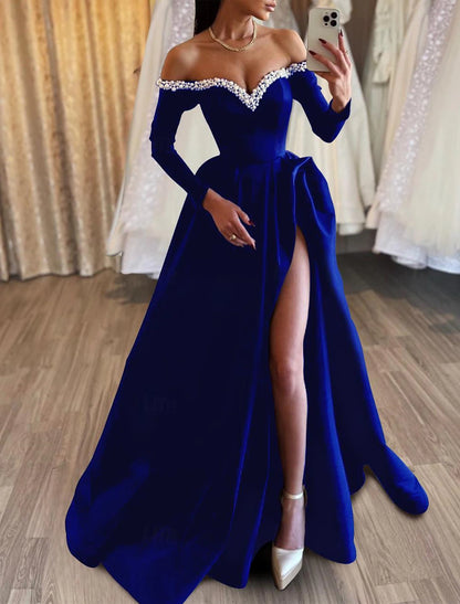 A-Line Evening Gown Black Dress Sweep / Brush Train Long Sleeve Off Shoulder Satin with Pearls Slit