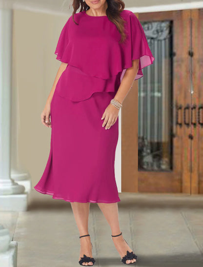 A-Line Mother of the Bride Dress Wedding Guest Elegant Plus Size Jewel Neck Tea Length Chiffon Short Sleeve with Ruffles