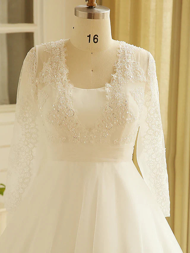 Hall Sparkle & Shine Wedding Dresses Court Train A-Line Long Sleeve Illusion Neck Satin With Buttons Ruched