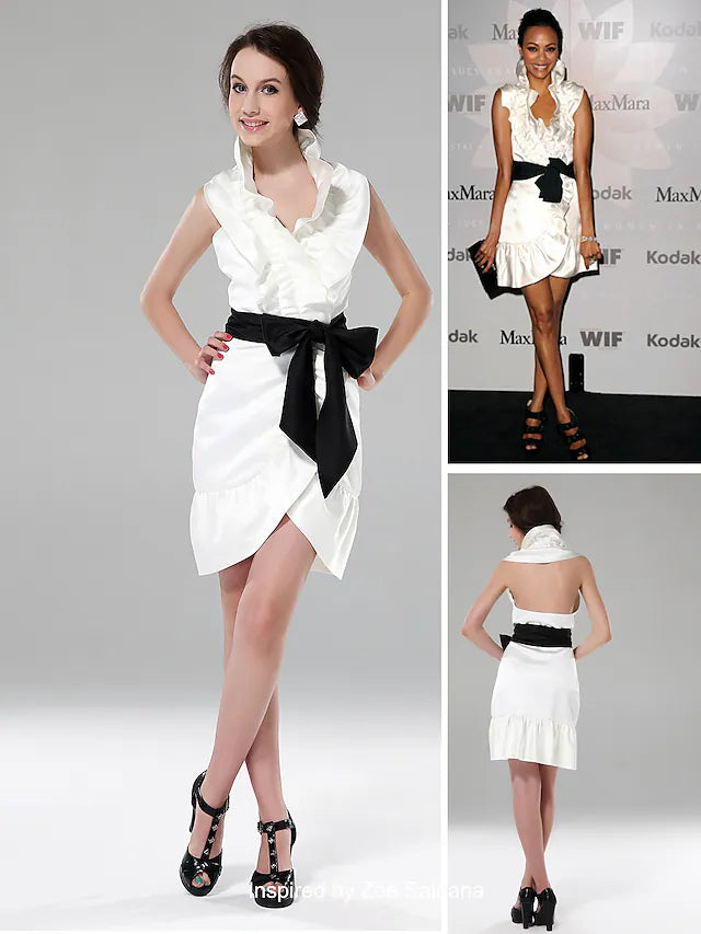 Sheath / Column All Celebrity Styles Dress Holiday Short / Mini Sleeveless Halter Satin with Sash / Ribbon Ruffles