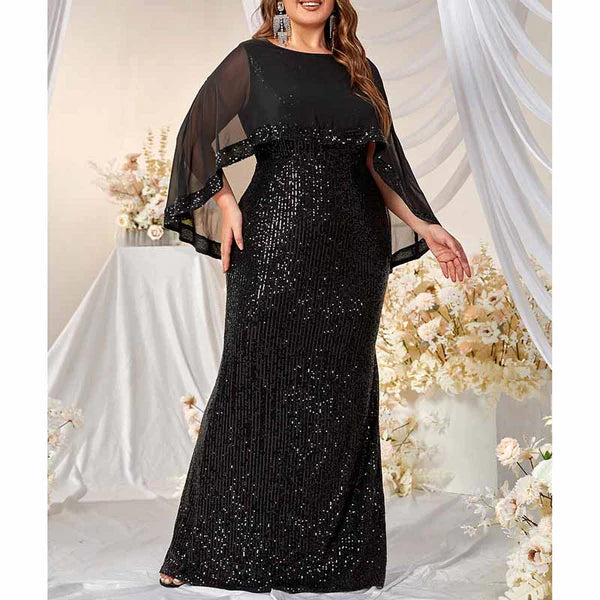 Black Plus Size Sequined Cape Overlay Prom Dress Evening Dress