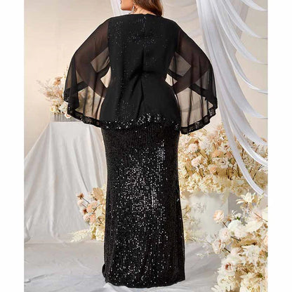 Black Plus Size Sequined Cape Overlay Prom Dress Evening Dress