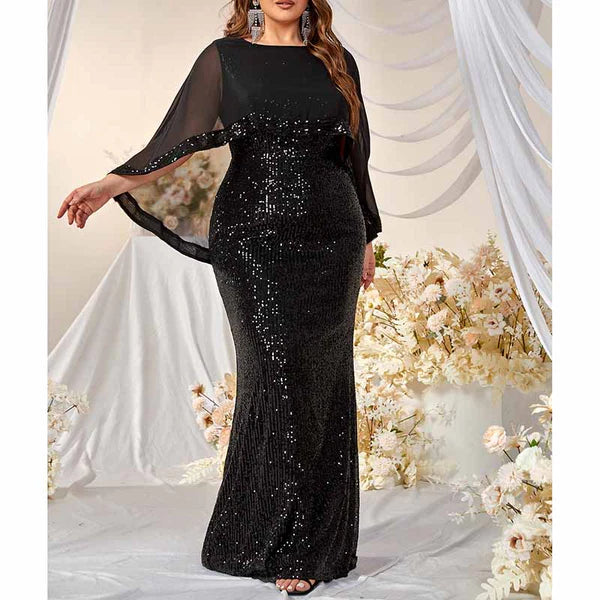 Black Plus Size Sequined Cape Overlay Prom Dress Evening Dress