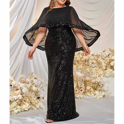 Black Plus Size Sequined Cape Overlay Prom Dress Evening Dress