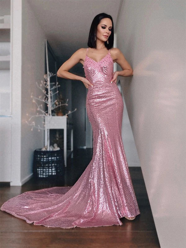 Ruffles Sequins V-neck Sleeveless Long Prom Dresses Pink