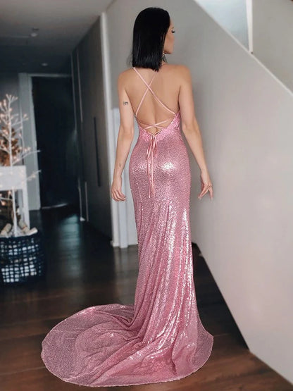 Ruffles Sequins V-neck Sleeveless Long Prom Dresses Pink