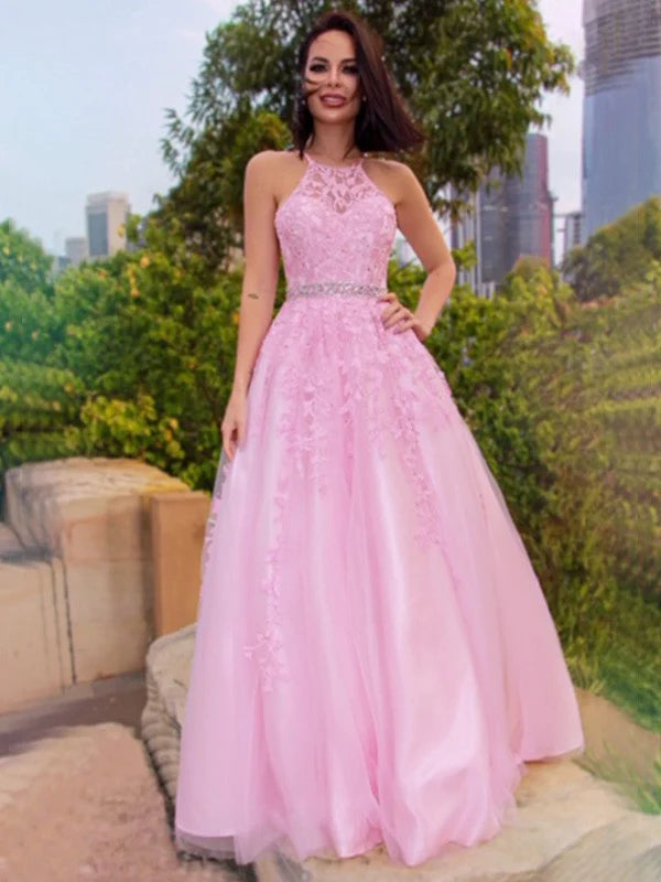 A-Line Princess Tulle Applique Halter Sleeveless Floor-Length Prom Dresses