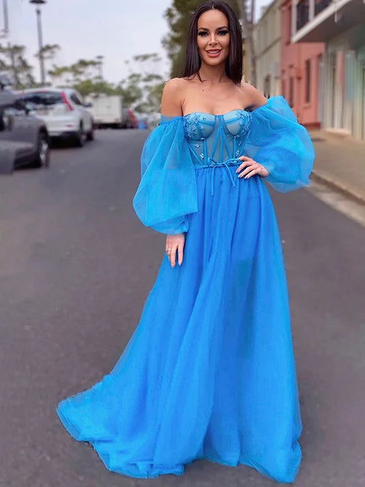 A-Line Princess Tulle Beading Off-the-Shoulder Long Sleeves Dresses