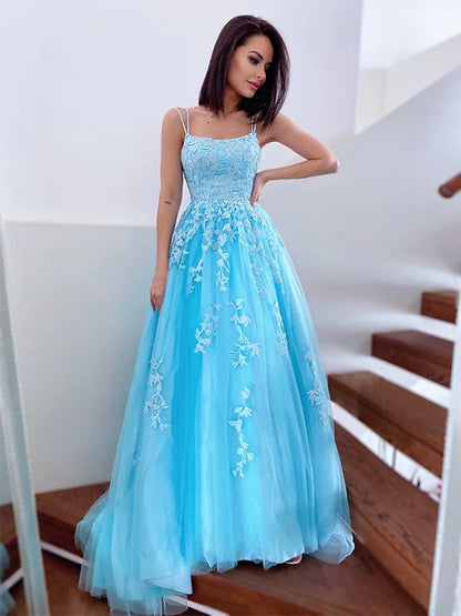 A-Line Princess Spaghetti Straps Tulle Sleeveless Applique Prom Dresses