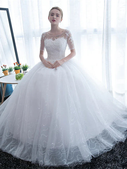 Engagement Formal Wedding Dresses Floor Length Ball Gown Half Sleeve Illusion Neck Satin With Lace