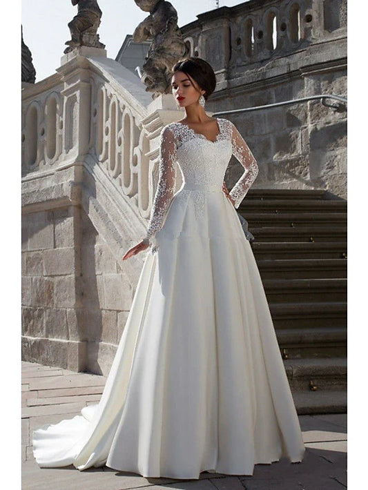 Engagement Formal Wedding Dresses Court Train A-Line Long Sleeve V Neck Satin With Appliques