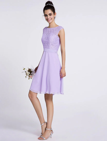 A-Line Bridesmaid Dress Scoop Neck Sleeveless Knee Length Chiffon / Lace with Lace