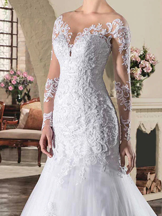 Engagement Open Back Formal Wedding Dresses Court Train Mermaid / Trumpet Long Sleeve Illusion Neck Lace With Appliques