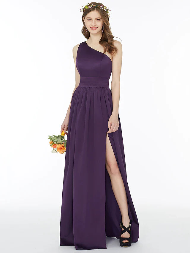 Ball Gown / A-Line Bridesmaid Dress One Shoulder Sleeveless Floor Length Chiffon with Sash / Ribbon / Pleats / Split Front